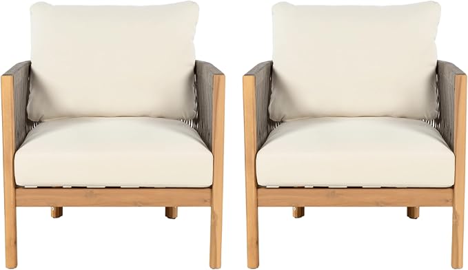 Christopher Knight Home Havets 5 Pieces Outdoor Acacia Furniture Set, Woven Rope Loveseat and Accent Club Chairs, 6" Thick Cushions Sofa and Coffee Table Set for Backyard Garden Balcony, Gray+Beige