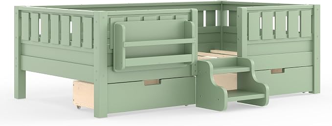 Bellemave Twin Bed with Storage Drawers & Bookshelf, Low Profile Kids Bed Frame with Staircase & Full Length Guardrails, Wood Twin Bed for Kids with Slats Load 350LBS, Easy Assembly, Green
