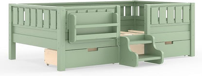 Bellemave Twin Bed with Storage Drawers & Bookshelf, Low Profile Kids Bed Frame with Staircase & Full Length Guardrails, Wood Twin Bed for Kids with Slats Load 350LBS, Easy Assembly, Green
