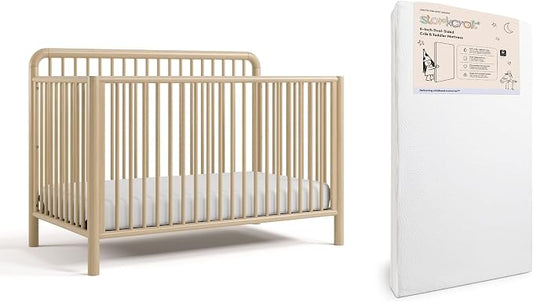 Storkcraft Porto 5-in-1 Convertible Crib with Bonus Guardrail & Storkcraft 6-Inch Grow-with Me Premium Waterproof Dual-Sided Baby Crib & Toddler Bed Mattress (Driftwood) – GREENGUARD Gold Certified