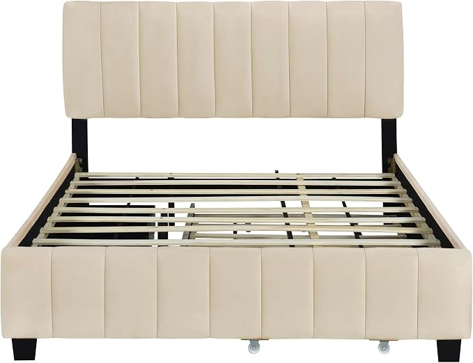 Merax Queen Size Upholstered Platform Bed with 2 Drawers and 1 Twin XL Trundle, Beige Wooden Bed Frame, No Box Spring Need
