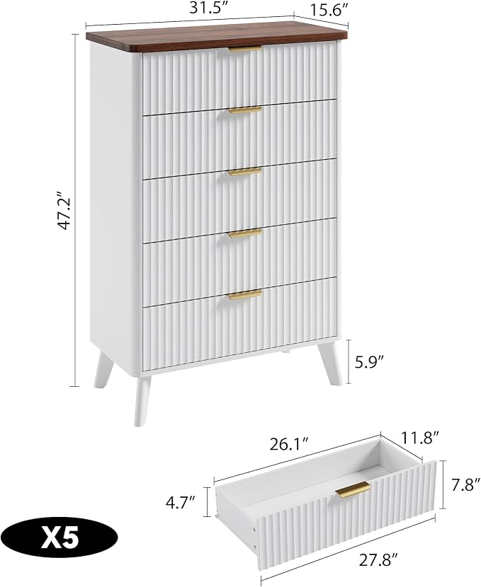 GarveeHome Fluted Dresser for Bedroom with 5 Deep Drawers, 47.2" Tall Chest of Drawers, Curved Profile Design, Modern Wooden Dresser, for Living Room, Kids Room, Hallway, White