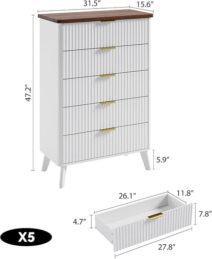 GarveeHome Fluted Dresser for Bedroom with 5 Deep Drawers, 47.2" Tall Chest of Drawers, Curved Profile Design, Modern Wooden Dresser, for Living Room, Kids Room, Hallway, White