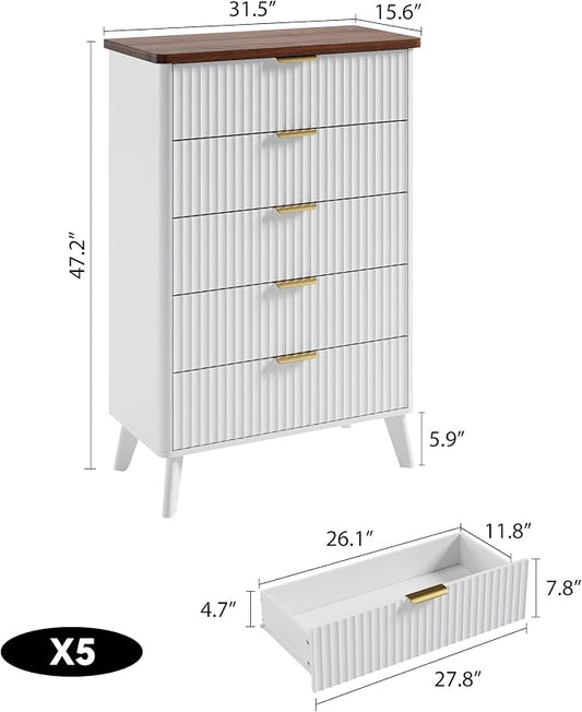GarveeHome Fluted Dresser for Bedroom with 5 Deep Drawers, 47.2" Tall Chest of Drawers, Curved Profile Design, Modern Wooden Dresser, for Living Room, Kids Room, Hallway, White