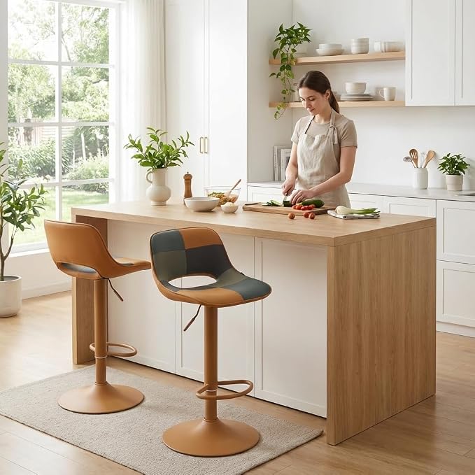 YOUNIKE Bar Stools Set of 2, Boho Colorful Patchwork Barstools, Adjustable Swivel Counter Height Bar Stool Faux Leather Upholstered Barstool with Back, Compact Bar Chair for Kitchen Island, TanGreen