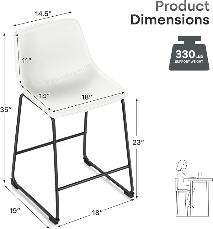 Athena Collection 23'' Counter Height Bar Stools Bar Chairs Set of 2 Modern PU Leather Bucket Chairs with Back Soft Foam Filled Metal Frame Bar Stools with Footrest for Pub, Bistro, Kitchen, White