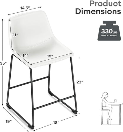 Athena Collection 23'' Counter Height Bar Stools Bar Chairs Set of 2 Modern PU Leather Bucket Chairs with Back Soft Foam Filled Metal Frame Bar Stools with Footrest for Pub, Bistro, Kitchen, White