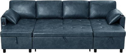 110 inches Suede Leather Sleeper Sofa w/Pull Out Bed, U-Shape Sectional Sofa Bed w/Adjustable Backrest and Storage Chaises, 4-Seats Upholstered Sofa Bed w/USB Port for Living Room, Blue