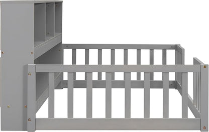 Bellemave Kids Montessori Floor Bed Twin Size,Floor Bed Frame with Bookcase and Shelves for Kids Boys Girls,Twin,Gray