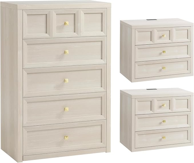 3-Piece Bedroom Set, 5 Drawer Tall Dresser and 3 Drawer King Size Nightstands Set of 2 with Charging Station, 3 Piece Farmhouse Wood Bedroom Dresser and Nightstand Sets, Grey White
