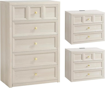 3-Piece Bedroom Set, 5 Drawer Tall Dresser and 3 Drawer King Size Nightstands Set of 2 with Charging Station, 3 Piece Farmhouse Wood Bedroom Dresser and Nightstand Sets, Grey White
