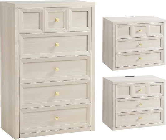 3-Piece Bedroom Set, 5 Drawer Tall Dresser and 3 Drawer King Size Nightstands Set of 2 with Charging Station, 3 Piece Farmhouse Wood Bedroom Dresser and Nightstand Sets, Grey White
