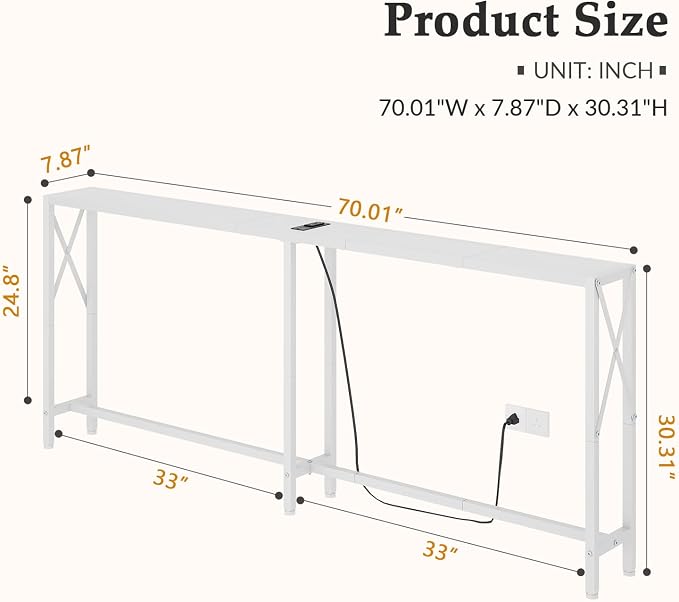 Gewudraw 70 in Skinny Sofa Table Behind Couch, Console Table with Oulets & USB Ports for Hallway, Entryway,Living Room, Bedroom, White | Industrial Style, Long Skinny Design, Hallway & Living Room, Built-In Power Outlets, 172cm Length