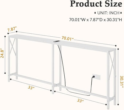 Gewudraw 70 in Skinny Sofa Table Behind Couch, Console Table with Oulets & USB Ports for Hallway, Entryway,Living Room, Bedroom, White | Industrial Style, Long Skinny Design, Hallway & Living Room, Built-In Power Outlets, 172cm Length