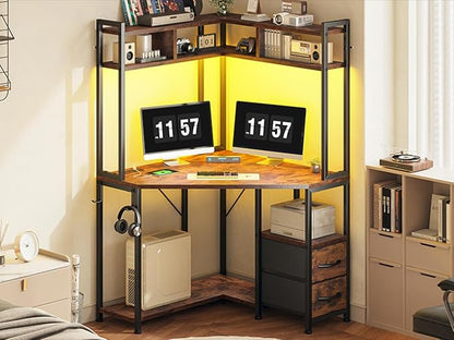 DurayLoly 63" Triangular Corner Desk with Hutch,Ample Storage for Small Room,Spacious 36" W Desktop,2 Fabric Drawers and Bottom Wooden Shelves,Versatile Computer Desk that Meets All Your Needs,Brown