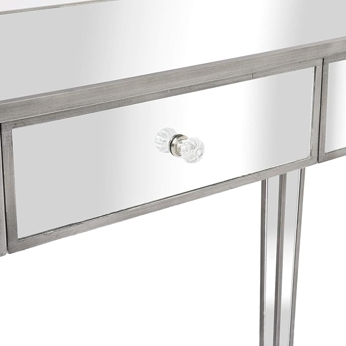 VINGLI Mirrored Vanity Desk with 3 Drawers, Modern Console/Sofa/Makeup Desk for Bedroom/Living Room/Entryway, Silver