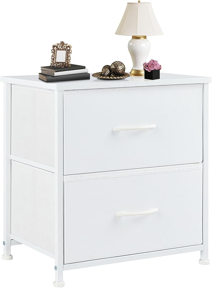 DUMOS Nightstand Small Dresser with 2 Fabric Drawers, Bedroom End Table | Kids Bedside Storage Furniture for 20 inch Tall Night Stand for Closet, Dorm, White