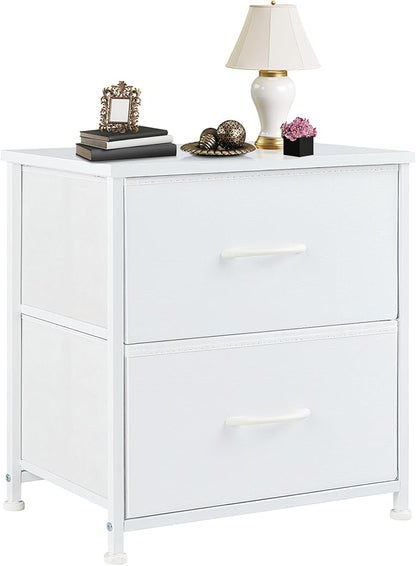 DUMOS Nightstand Small Dresser with 2 Fabric Drawers, Bedroom End Table | Kids Bedside Storage Furniture for 20 inch Tall Night Stand for Closet, Dorm, White