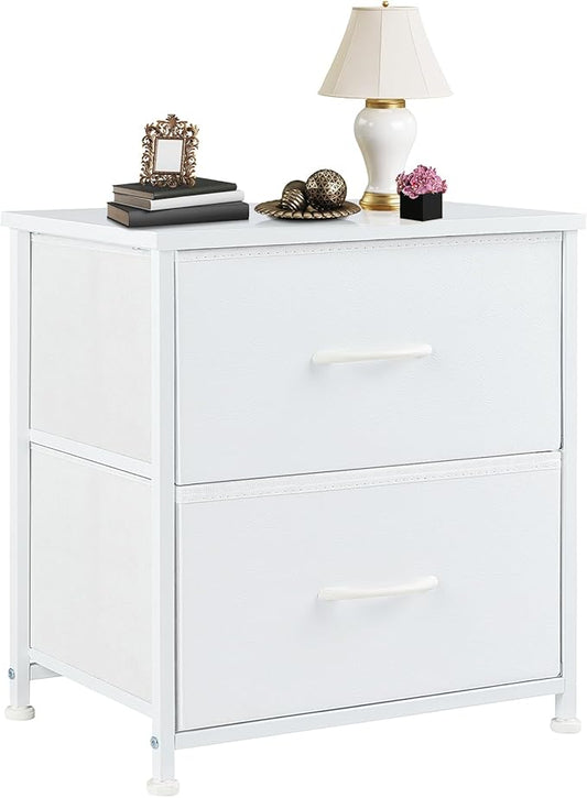 DUMOS Nightstand Small Dresser with 2 Fabric Drawers, Bedroom End Table | Kids Bedside Storage Furniture for 20 inch Tall Night Stand for Closet, Dorm, White