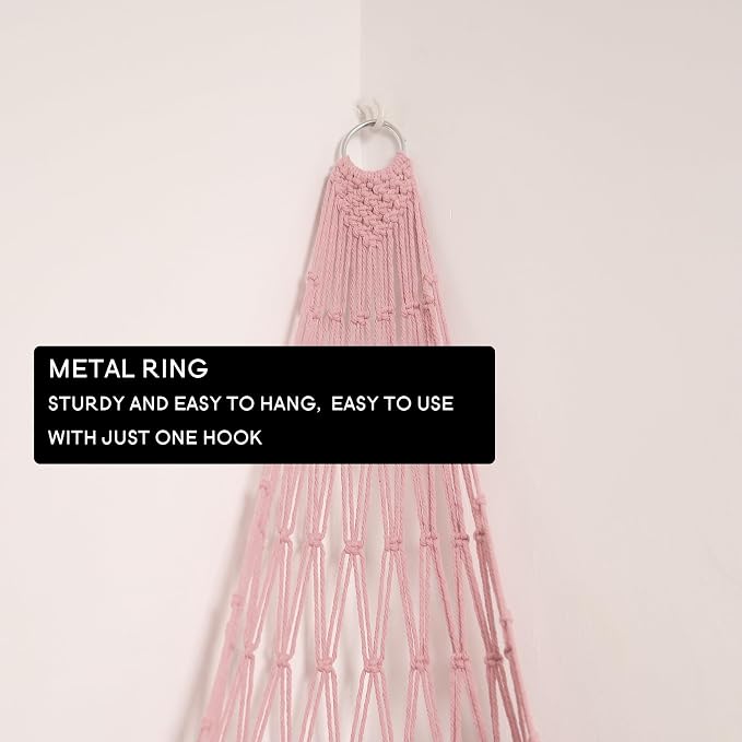 Amdermi Stuffed Animal Hammock Corner Hanging Net for Stuff Animal Storage Macrame Toy Display Plush Toy Holder-Perfect for Tiny Space Walls-Kid Bedroom Decor Nursery Playroom Organizer (Light Pink)