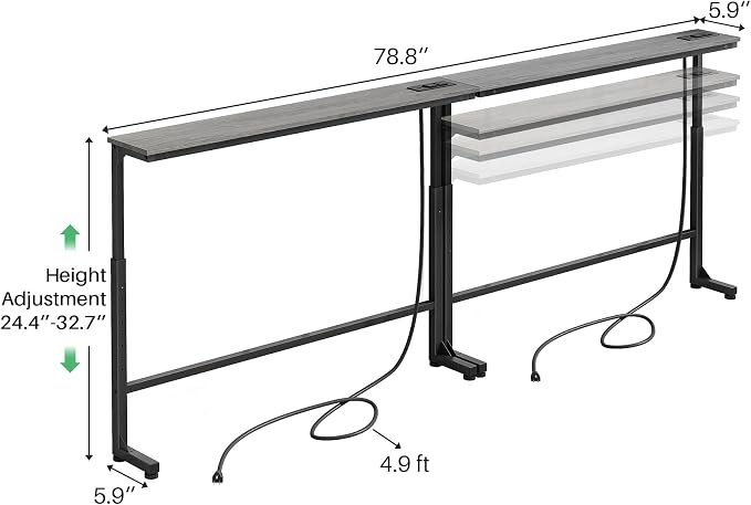 Kitstorack Narrow Sofa Table with Charging Station, 78.8" Behind Couch Table, Adjustable 24.4"-32.7" Height, Modular 2-piece Design for sectionals, entryways, Apartments, and Narrow Living Spaces