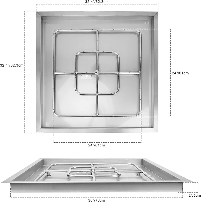 onlyfire Stainless Steel Square Fire Pit Flat Pan with Burner Ring Assembly, 30-Inch