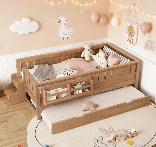 Bellemave Twin Size Kids Bed with high Rails and with Built-in Bookshelf and Trundle for Kids, Girls, Boys, Wood Montessori Bed Without Door, Natural