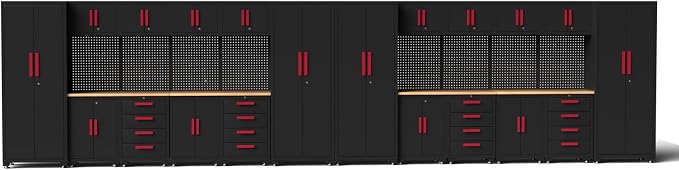Garage Storage Cabinet System, 24PCS Garage Cabinets and Storage System Workshop Set with Red Cabinet, Cabinet Drawers, Workbench, Pegboard for Tool Organization,Red Handle