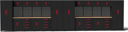 Garage Storage Cabinet System, 24PCS Garage Cabinets and Storage System Workshop Set with Red Cabinet, Cabinet Drawers, Workbench, Pegboard for Tool Organization,Red Handle