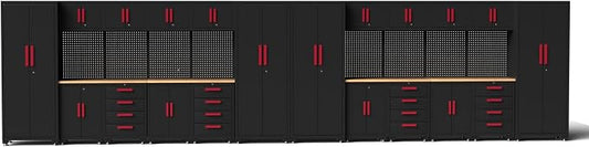 Garage Storage Cabinet System, 24PCS Garage Cabinets and Storage System Workshop Set with Red Cabinet, Cabinet Drawers, Workbench, Pegboard for Tool Organization,Red Handle