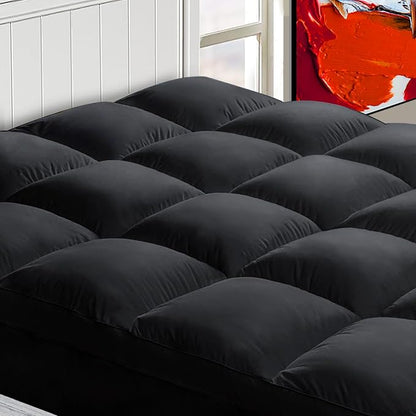 Mattress Topper California King for Back Pain, Extra Thick Mattress Pad Cover, Plush Pillow Top, Deep Elastic Pocket, Black