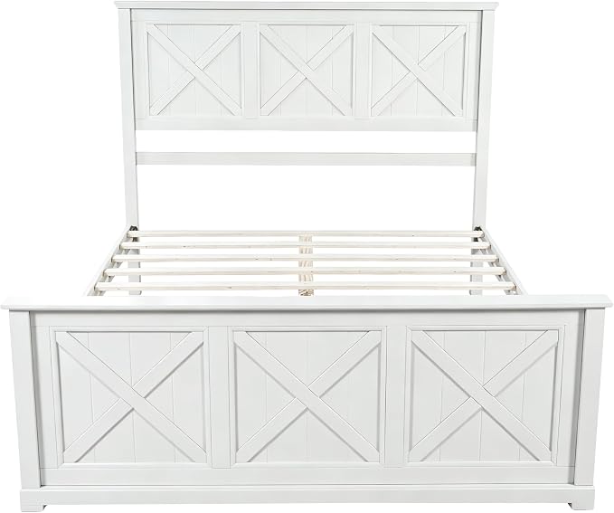 Farmhouse 4-Pieces Bedroom Sets, Queen Size Platform Bed with 2 Nightstands and 4-Drawer Storage, Wooden Bed Frame with Headboard and Footboard, Retro Queen Size Bedroom Set (White-4.13)