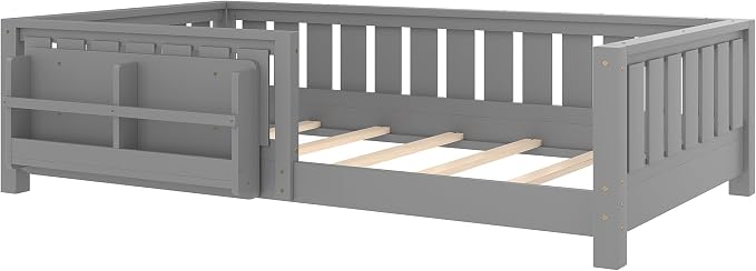 Bellemave Twin Size Montessori Floor Bed with Rails and Slats, Twin Size Floor Bed with Bookshelf and Fence, Low Profile Montessori Beds Frame for Girls, Boys, White