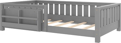 Bellemave Twin Size Montessori Floor Bed with Rails and Slats, Twin Size Floor Bed with Bookshelf and Fence, Low Profile Montessori Beds Frame for Girls, Boys, White