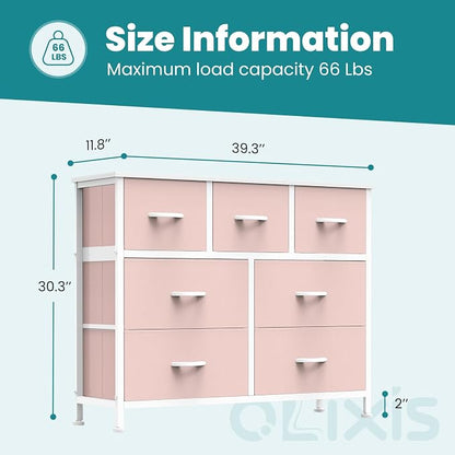 OLIXIS 7 Drawers Dresser for Bedroom, Fabric Storage Tower for Living Room, Entryway - Sturdy Steel Frame, Wooden Top and Easy Pull Fabric Bins, Closet Chests Organizer for Clothes,Pink