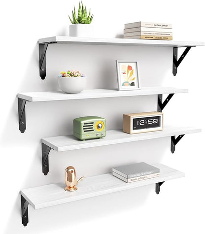 ROMGUAR CRAFT Wood Floating Shelves Set of 4, Rustic Storage Decor Wall Shelves, Wall Mounted Shelf for Living Room, Bedroom 23.6" x 6", White