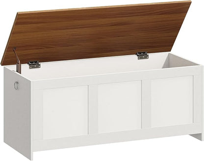 HOOBRO Storage Bench, 43.3" Retro Wooden Storage Chest, Wooden Storage Trunk, Toy Chest with Lift Top, Multifunctional Entryway Organizer, for Entryway, Living Room, White and Walnut WH411CW01