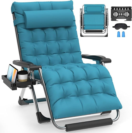 Slendor Oversized Zero Gravity Chairs XXL, 33IN Padded Zero Gravity Lounge Chair, Folding Reclining Patio Chair Lawn Recliner w/Aluminum Alloy Lock, Headrest, Cup Holder, Support 500lbs, Light Blue