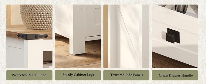 AMERLIFE 3-Piece Farmhouse Furniture Set with Sideboard Cabinet and Nightstands Set of 2, Sliding Barn Door Wood Storage Cabinet Set for Bedroom, Dining Room, Distressed White