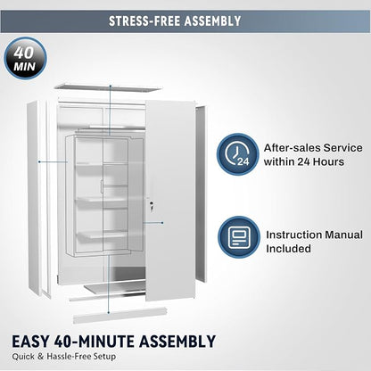 Tall Steel Garage Storage Cabinet with Lock, 71" H Heavy Duty Metal Storage Locker with 4 Adjustable Shelves for Home, Office, White