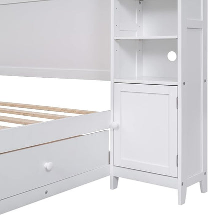 Merax Full Size Wooden Bed with All-in-One Cabinet and Shelf, White Bed Frame with 4 Storage Drawers