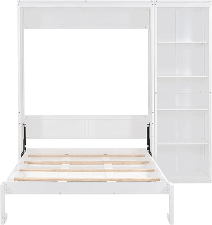 Merax Space-Saving White Murphy Bed Full Size with Adjustable Storage Shelves, Multifunctional Foldable Wall Bed for Small Spaces Studio Study Office Guest Room