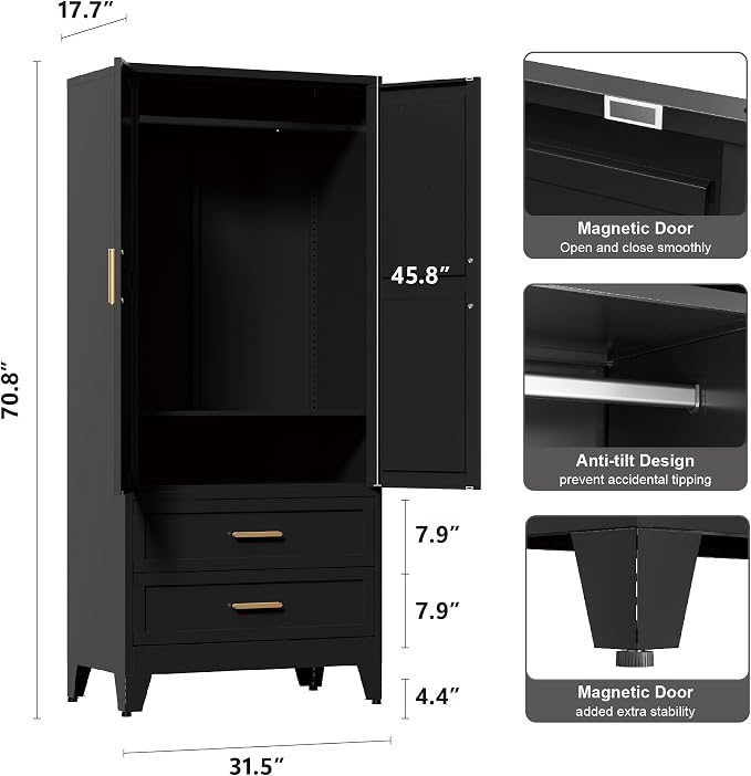 Washsemba 71'' Farmhouse Metal Wardrobe Cabinet with Hanging Rod, 2 Barn Door Wardrobe Closet with Adjustable Shelves,2 Drawer,for Dining Room,Bedroom,Living Room, Cloak Room,Office (Black)