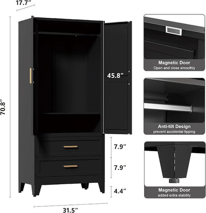 Washsemba 71'' Farmhouse Metal Wardrobe Cabinet with Hanging Rod, 2 Barn Door Wardrobe Closet with Adjustable Shelves,2 Drawer,for Dining Room,Bedroom,Living Room, Cloak Room,Office (Black)