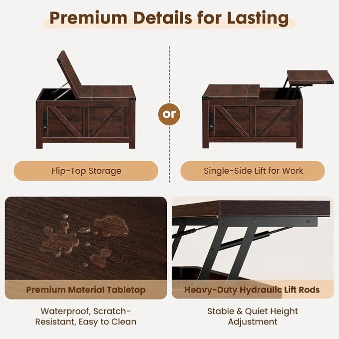 Simple Deluxe Lift Top Coffee Table with Storage, 35.5" Square Coffee Tables for Living Room, Farmhouse Coffee Table with Power Outlets, Coffee Tables with Lifting Top for Living Room (Brown)