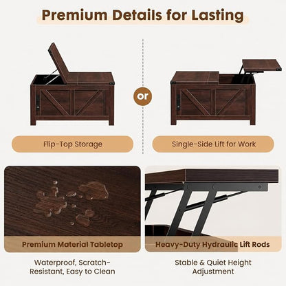 Simple Deluxe Lift Top Coffee Table with Storage, 35.5" Square Coffee Tables for Living Room, Farmhouse Coffee Table with Power Outlets, Coffee Tables with Lifting Top for Living Room (Brown)