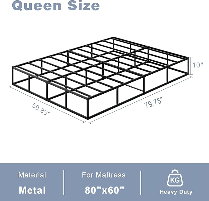 Tyndall 10 Inch Queen Size Box Spring, Heavy Duty Metal Box Spring for Queen Size Bed Mattress Foundation with Fabric Cover, Noise-Free, Non Slip, Easy Assembly
