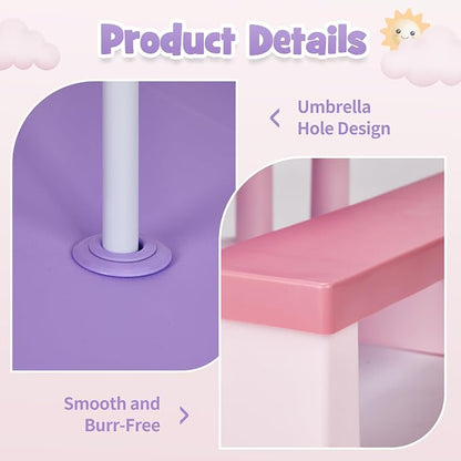 JOYMOR Kids Picnic Table with Removable Umbrella, Plastic Kids Activity Table for Outdoors, Toddler Table and Bench Set for Ages 3+, Ideal for Garden, Patio, Pink & Purple