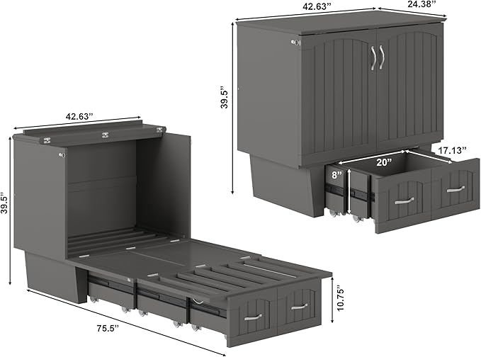 AFI, Nantucket Twin Murphy Bed Chest with Mattress, Storage Drawer and Built-In USB Charger, Grey