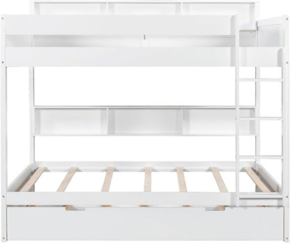 Wood Bunk Bed Twin Over Twin Size with Built-in Storage Shelves, Versatile Bunk Bed Frame with Ladder and Trundle Bed for Kids Teens Adults, Maximize Space (White-T2)